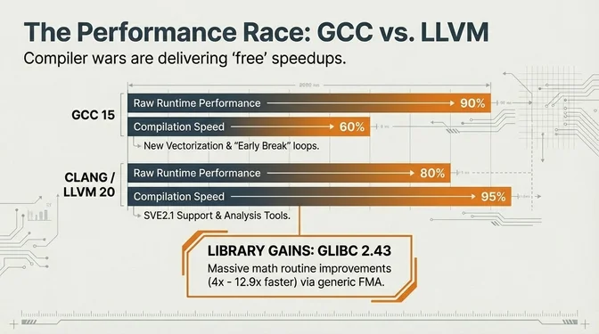 Slide titled "The Performance Race: GCC vs. LLVM" with subtitle "Compiler wars are delivering free speedups." It compares GCC 15 and Clang/LLVM 20 performance metrics. GCC 15 shows 90% raw runtime performance and 60% compilation speed, with new vectorization and "early break" loops highlighted. Clang/LLVM 20 shows 80% raw runtime performance and 95% compilation speed, with SVE2.1 support and analysis tools noted. At the bottom, a callout highlights "Library Gains: glibc 2.43" showing massive math routine improvements of 4x to 12.9x faster via generic FMA implementation.