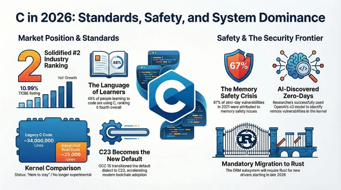 Infographic titled "C in 2026: Standards, Safety, and System Dominance," split into two sections. On the left, "Market Position & Standards" shows C solidified at number 2 in industry rankings with a 10.99% TIOBE rating, 48% of people learning to code are using C ranking it fourth as the language of learners, a kernel comparison showing approximately 34 million lines of legacy C code versus approximately 25,000 lines of integrated Rust code with status "here to stay" and no longer experimental, and C23 becoming the new default as GCC 15 transitioned the default dialect accelerating modern toolchain adoption. On the right, "Safety & The Security Frontier" highlights the memory safety crisis with 67% of zero-day vulnerabilities in 2021 attributed to memory safety issues, AI-discovered zero-days where researchers successfully used OpenAI's o3 model to identify remote vulnerabilities in the kernel, and mandatory migration to Rust as the DRM subsystem will require Rust for new drivers starting in late 2026.