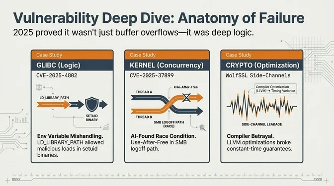 Slide titled "Vulnerability Deep Dive: Anatomy of Failure" with subtitle "2025 revealed deep logic flaws, not just buffer overflows." It shows three case studies. First, glibc Logic with CVE-2025-4802 showing environment variable mishandling where LD_LIBRARY_PATH allowed malicious loads in setuid binaries. Second, Kernel Concurrency with CVE-2025-37899 showing an AI-found race condition with use-after-free in the SMB logoff path discovered using OpenAI's o3 model. Third, Crypto Optimization showing WolfSSL side-channels where compiler optimizations from LLVM broke constant-time guarantees causing side-channel leakage.