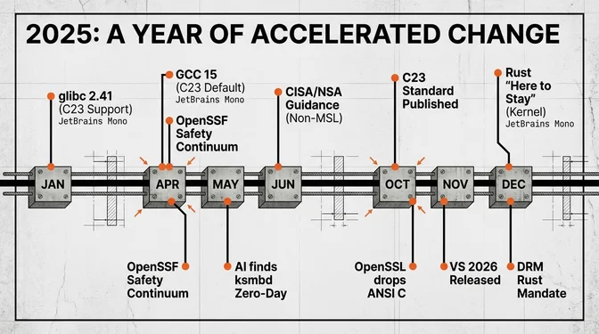 Timeline infographic titled "2025: A Year of Accelerated Change" showing key events across the year. January shows glibc 2.41 with C23 support. April shows GCC 15 release making C23 the default and OpenSSF Safety Continuum publication. May shows AI finding the ksmbd zero-day vulnerability. June shows CISA/NSA guidance on memory safety released as non-MSL recommendation. October shows C23 standard officially published and OpenSSL dropping ANSI C support. November shows VS 2026 released with deep Copilot integration. December shows Rust declared "here to stay" in the kernel and DRM Rust mandate announced requiring Rust for new drivers.