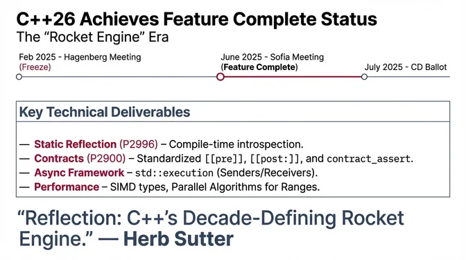 C++26 Achieves Feature Complete Status Slide titled "C++26 Achieves Feature Complete Status" showing the standardization timeline with February 2025 Hagenberg feature freeze, June 2025 Sofia feature complete, and July 2025 CD Ballot. The "Key Features" section lists Static Reflection enabling compile-time introspection, Contracts, Async Framework based on the std::execution sender/receiver model, and Performance improvements including SIMD types and parallel ranges. A highlighted quote from Herb Sutter states that Reflection is "more transformational than any 10 other major features combined" and calls it "C++'s decade-defining rocket engine."