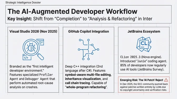 The AI-Augmented Developer Workflow Slide titled "The AI-Augmented Developer Workflow" showing three columns of AI-enhanced development tools. The first column shows Visual Studio 2026 as the first Intelligent Developer Environment with deep Copilot integration, Profiler Agent, Debugger Agent, C++20 as default, and plus 6% Unreal Engine performance gains. The second column shows GitHub Copilot Integration with C++ becoming only the second language after C# with deep integration including symbol-aware multi-file editing, reference viewing, inheritance visualization, and call chain tracing. The third column shows JetBrains Ecosystem with CLion Nova delivering up to 4x faster performance, a Constexpr Debugger for compile-time evaluation insights, and the Junie coding agent integrated across JetBrains IDEs. A warning callout highlights "AI Patch Reject" risk noting that the GCC community debated AI-generated patches after an Intel engineer submitted a 123-line GPT-5 CodeX fix, with most maintainers opposing fully LLM-written patches citing copyright uncertainty and bug risk.