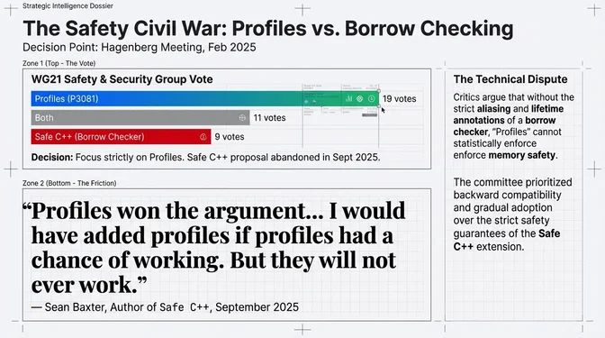 The Safety Civil War: Profiles vs. Borrow Checking Strategic Intelligence Dossier titled "The Safety Civil War: Profiles vs. Borrow Checking" with decision point at the Hagenberg Meeting in February 2025. Zone 1 shows the WG21 Safety & Security Group Vote results: Profiles P3081 received 19 votes shown as a green bar, Both received 11 votes, and Safe C++ Borrow Checker received 9 votes shown as a red bar. The decision was to focus strictly on Profiles with the Safe C++ proposal abandoned in September 2025. Zone 2 shows the friction with a prominent quote from Sean Baxter, author of Safe C++, from September 2025: "Profiles won the argument... I would have added profiles if profiles had a chance of working. But they will not ever work." The Technical Dispute sidebar explains that critics argue without strict aliasing and lifetime annotations of a borrow checker, Profiles cannot statistically enforce memory safety, and that the committee prioritized backward compatibility and gradual adoption over the strict safety guarantees of the Safe C++ extension.