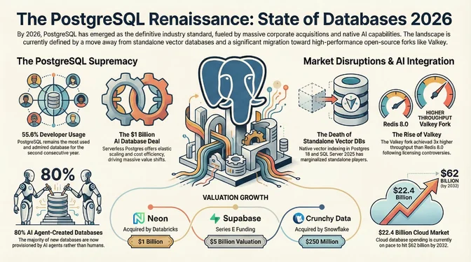 The PostgreSQL Renaissance: Billion-Dollar Bets on Open Source Infographic titled "The PostgreSQL Renaissance: State of Databases 2026" divided into two sections. The left side, "The PostgreSQL Supremacy," highlights 55.6% developer usage as the most used and admired database for the second consecutive year, and that AI agents created 80% of Neon's databases. The right side, "Market Disruptions & AI Integration," shows Redis 8.0 losing ground to the Valkey fork with 3x higher throughput, and standalone vector databases declining as PostgreSQL 18, Oracle 26ai, and SQL Server 2025 absorb vector search natively. A valuation growth section at the bottom tracks Neon acquired by Databricks for $1 billion, Supabase reaching $5 billion Series E, and Crunchy Data acquired by Snowflake for $250 million. The cloud database market reached $22.4 billion and analysts project it will hit $62 billion by 2032.