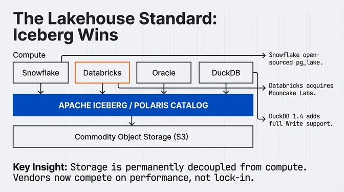 The Lakehouse Standard: Apache Iceberg Unifies the Data Stack Architecture diagram titled "The Lakehouse Standard: Iceberg Wins" showing a three-tier stack. At the compute layer, Snowflake, Databricks, Oracle, and DuckDB all feed into a shared Apache Iceberg / Polaris Catalog layer, which sits on top of commodity object storage (S3). Annotations note Snowflake open-sourced pg_lake, Databricks acquired Mooncake Labs, and DuckDB 1.4 added full write support. Key insight at bottom: storage is permanently decoupled from compute, and vendors now compete on performance, not lock-in.