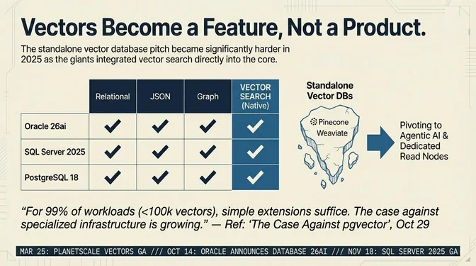 Vectors Become a Feature: General-Purpose Databases Absorb Vector Search Comparison table titled "Vectors Become a Feature, Not a Product" showing Oracle 26ai, SQL Server 2025, and PostgreSQL 18 all supporting relational, JSON, graph, and native vector search capabilities. The graphic shows standalone vector databases like Pinecone and Weaviate as a shrinking ice mass, pivoting to Agentic AI and dedicated read nodes. A quote reads: "For 99% of workloads under 100k vectors, simple extensions suffice. The case against specialized infrastructure is growing." A timeline bar at the bottom shows PlanetScale Vectors GA in March 2025, Oracle Database 26ai announced in October, and SQL Server 2025 GA in November.