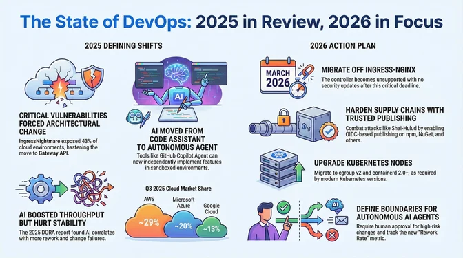 Infographic summarizing major DevOps trends from 2025 and priorities for 2026. The left side highlights 2025 defining shifts, including critical vulnerabilities like IngressNightmare forcing architectural changes, AI evolving from code assistants into autonomous agents, and AI-driven throughput gains that also increased instability and rework. It also shows cloud market share in Q3 2025 with AWS at about 29%, Microsoft Azure at about 20%, and Google Cloud at about 13%. The right side outlines a 2026 action plan with key steps such as migrating off ingress-nginx by March 2026 due to end of support, hardening software supply chains with trusted publishing, upgrading Kubernetes nodes to newer cgroup and container runtimes, and defining clear human-approval boundaries for autonomous AI agents.