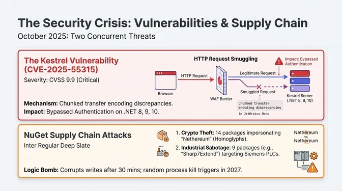 Infographic titled "The Security Crisis: Vulnerabilities & Supply Chain" describing two concurrent security threats in October 2025 affecting the .NET ecosystem. The top section details the Kestrel vulnerability (CVE-2025-55315) with a CVSS 9.9 critical rating, explaining an HTTP request smuggling attack caused by chunked transfer encoding discrepancies that allowed authentication bypass on .NET 8, 9, and 10. A diagram shows a smuggled request bypassing a WAF and reaching the Kestrel server. The bottom section covers NuGet supply-chain attacks, including crypto-theft packages impersonating "Nethereum" via homoglyphs, industrial sabotage packages such as "Sharp7Extend" targeting Siemens PLCs, and logic bombs designed to corrupt writes after 30 minutes and trigger random process kills in 2027.