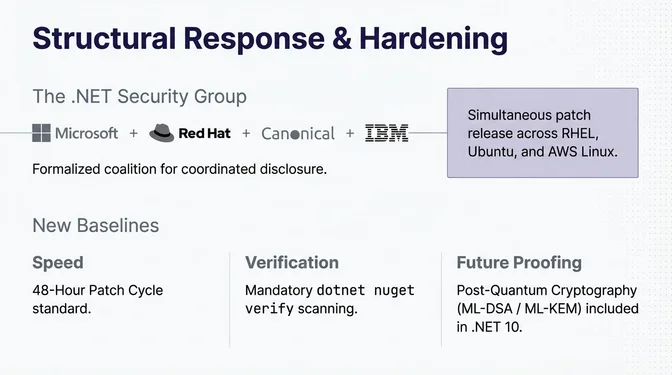 Infographic titled "Structural Response & Hardening" describing the .NET ecosystem's coordinated security improvements following major threats. It shows the formation of the .NET Security Group, a formal coalition including Microsoft, Red Hat, Canonical, and IBM, created to enable coordinated vulnerability disclosure and simultaneous patch releases across RHEL, Ubuntu, and AWS Linux. The slide outlines new security baselines: a 48-hour patch cycle standard for rapid response, mandatory dotnet nuget verify scanning for package verification, and future-proofing through inclusion of post-quantum cryptography algorithms (ML-DSA and ML-KEM) in .NET 10.