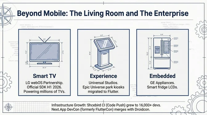 Flutter Beyond Mobile: LG webOS bringing Flutter to smart TVs, Universal Studios deploying Flutter to on-site kiosk terminals at Epic Universe theme park, and GE Appliances using Flutter for embedded LCD screens on smart appliances