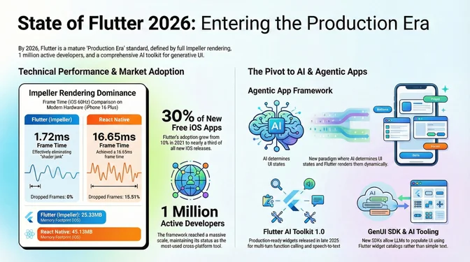 Infographic showing Flutter's 2025 milestones: Impeller frame time of 1.72ms versus React Native's 16.65ms, nearly 30 percent of new iOS apps built with Flutter, over one million monthly active developers, and the pivot to AI-powered agentic apps