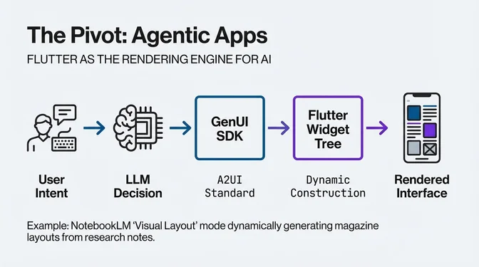 The GenUI SDK agentic apps pipeline: User Intent flows to LLM Decision Engine, then to GenUI SDK using the A2UI protocol, producing a Flutter Widget Tree that renders the final interface, enabling AI-driven dynamic UI generation