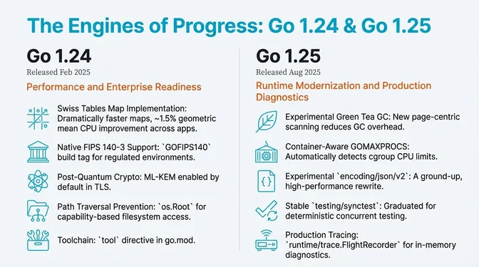 Infographic titled "The Engines of Progress: Go 1.24 & Go 1.25" comparing two major Go releases. The left column describes Go 1.24, released in February 2025, focusing on performance and enterprise readiness with Swiss Tables map implementation for significantly faster maps, native FIPS 140-3 support via the GOFIPS140 build tag, post-quantum cryptography (ML-KEM) enabled by default in TLS, path-traversal prevention using os.Root for capability-based filesystem access, and a new tool directive in go.mod. The right column covers Go 1.25, released in August 2025, highlighting runtime modernization and production diagnostics such as the experimental Green Tea garbage collector with reduced GC overhead, container-aware GOMAXPROCS that detects cgroup CPU limits, an experimental high-performance encoding/json/v2 rewrite, stable testing/synctest for deterministic concurrent testing, and runtime/trace.FlightRecorder for in-memory production tracing.