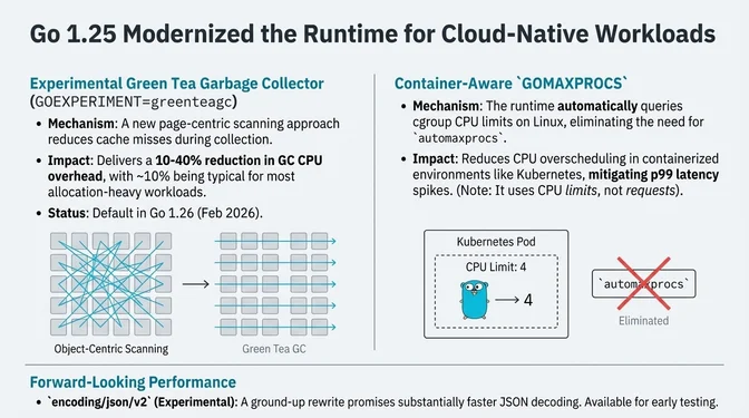 Infographic titled "Go 1.25 Modernized the Runtime for Cloud-Native Workloads" explaining two major runtime changes. On the left, it describes the experimental Green Tea garbage collector (enabled with GOEXPERIMENT=greenteagc), which uses a page-centric scanning approach to reduce cache misses and delivers a 10–40% reduction in garbage collection CPU overhead, with around 10% typical for allocation-heavy workloads; it notes this collector becomes the default in Go 1.26 (February 2026). On the right, it explains container-aware GOMAXPROCS, where the Go runtime automatically detects cgroup CPU limits on Linux, eliminating the need for automaxprocs and reducing CPU overscheduling and p99 latency spikes in Kubernetes environments by using CPU limits rather than requests.