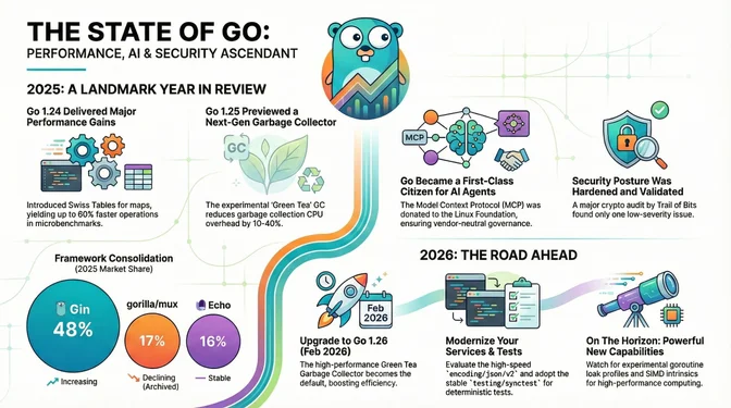 Infographic titled "The State of Go: Performance, AI & Security Ascendant" reviewing major developments in Go during 2025 and outlining the road ahead for 2026. It highlights Go 1.24 delivering major performance gains, including up to 60% faster map operations using Swiss Tables, and Go 1.25 previewing a next-generation "Green Tea" garbage collector that reduces CPU overhead by 10–40%. The graphic shows Go becoming a first-class language for AI agents through adoption of the Model Context Protocol (MCP), which Anthropic donated to the Linux Foundation, and notes a hardened security posture validated by a Trail of Bits audit. It also depicts framework consolidation with Gin leading at 48% market share, Gorilla/Mux declining, and Echo remaining stable. The 2026 roadmap includes upgrading to Go 1.26, modernizing services and tests, and exploring upcoming performance features such as experimental goroutine profiles and SIMD intrinsics.