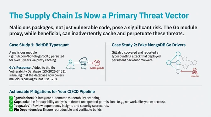 Infographic titled "The Supply Chain Is Now a Primary Threat Vector" explaining rising supply-chain risks in the Go ecosystem. It emphasizes that malicious packages, not just vulnerable code, pose significant danger and that the Go module proxy can inadvertently cache and perpetuate threats. The infographic presents two case studies: a BoltDB typosquatting attack where a malicious module persisted for over three years via proxy caching and the Go team added it to the Go Vulnerability Database as GO-2025-3451, and a fake MongoDB Go driver typosquatting attack reported by GitLab that deployed persistent backdoor malware. The bottom section lists actionable CI/CD mitigations including integrating govulncheck for automated scanning, using Capslock for capability analysis, reviewing dependencies with deps.dev security scorecards, and pinning dependencies to ensure reproducible and verifiable builds.