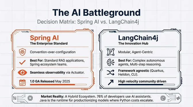 Infographic titled "The AI Battleground: Decision Matrix: Spring AI vs. LangChain4j" comparing two JVM-based AI frameworks. On the left, the infographic presents Spring AI as the enterprise standard, emphasizing convention-over-configuration, suitability for standard RAG applications and Spring ecosystem teams, seamless observability via Spring Actuator, and a 1.0 GA release in May 2025. On the right, the infographic shows LangChain4j as the innovation hub, highlighting a modular, agent-centric design, support for complex autonomous agents and multi-step reasoning, framework-agnostic usage across Quarkus, Helidon, and CLI environments, and a fast-moving, community-driven development pace. A footer notes the market reality of a hybrid ecosystem, with 76% of developers using AI assistants and Java serving as the runtime for productionizing AI systems where Python costs scale.