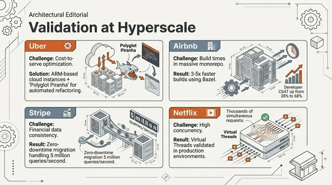 Infographic titled "Validation at Hyperscale" presenting real-world architectural case studies from large technology companies. It highlights Uber optimizing cost-to-serve by using ARM-based cloud instances and an internal tool called "Polyglot Piranha" for automated refactoring. Airbnb's case shows improving build performance in a massive monorepo, achieving three- to five-times faster builds with Bazel and increasing developer CSAT from 38% to 68%. Stripe's example shows a zero-downtime migration while consistently handling around five million queries per second, ensuring financial data consistency. Netflix's case validates the use of virtual threads in production, supporting thousands of simultaneous requests and high-concurrency workloads.