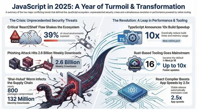 Infographic showing two opposing trends in the JavaScript ecosystem in 2025: on the left, major security crises including a critical "React2Shell" vulnerability, large-scale phishing attacks affecting billions of weekly downloads, and supply-chain malware infecting hundreds of packages; on the right, major performance gains driven by native tooling, including a 10× faster TypeScript build, Rust-based tooling like Turbopack in Next.js 16 with up to 10× faster updates, and a React compiler improving app speeds by about 2.5×.