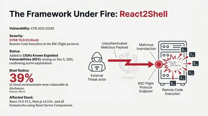 Infographic detailing the React2Shell vulnerability (CVE-2025-55182), a critical remote code execution flaw in the React Server Components Flight protocol. It shows an unauthenticated attacker sending a malicious payload past defenses to an RSC Flight endpoint, resulting in remote code execution. The graphic highlights a CVSS 10.0 severity rating, inclusion in CISA's Known Exploited Vulnerabilities catalog, an estimated 39% of cloud environments exposed at disclosure, and affected versions including React 19.0–19.2, Next.js 14.3 and later, and other frameworks using React Server Components.