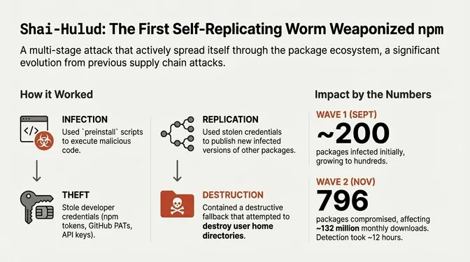 Infographic explaining the Shai-Hulud supply-chain attack on npm, described as the first self-replicating worm in the ecosystem. It shows a four-stage process: infection via malicious preinstall scripts, theft of developer credentials, replication by publishing infected package versions using stolen credentials, and a destructive fallback attempting to delete user home directories. A sidebar lists impact statistics, including about 200 packages infected in an initial wave and 796 packages compromised in a later wave, affecting roughly 132 million monthly downloads.