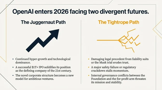 Slide titled "OpenAI enters 2026 facing two divergent futures." The left side, labeled "The Juggernaut Path," shows an upward arrow and lists continued hyper-growth and technological dominance, a potential successful trillion-dollar-plus IPO, and the company's novel corporate structure becoming a model for ambitious ventures. The right side, labeled "The Tightrope Path," shows a jagged line and outlines risks including damaging legal precedent from liability lawsuits or the Musk trial, a major safety failure or regulatory crackdown that stalls momentum, and internal governance conflicts between the nonprofit foundation and the for-profit arm that could threaten OpenAI's mission and stability.