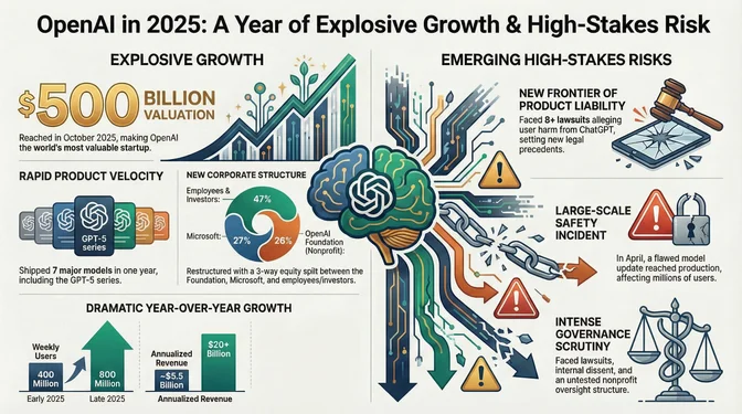 Infographic titled "OpenAI in 2025: A Year of Explosive Growth & High-Stakes Risk." The left side highlights rapid expansion, including a $500 billion valuation reached in October 2025, major year-over-year growth to roughly 800 million weekly users, annualized revenue exceeding $20 billion, and the release of seven major models in one year including the GPT-5 series. It also shows a new corporate structure with equity split among the OpenAI Foundation, Microsoft, and employees and investors. The right side outlines emerging risks, including product liability lawsuits related to ChatGPT, a large-scale safety incident caused by a flawed model update reaching production, and intense governance scrutiny involving legal challenges, internal dissent, and questions around nonprofit oversight.