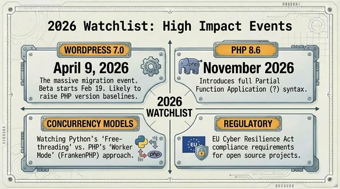 Infographic titled "2026 Watchlist: High Impact Events" highlighting key developments to track in 2026. It lists WordPress 7.0 releasing on April 9, 2026, with beta starting February 19 and triggering a massive migration likely to raise PHP version baselines. It highlights PHP 8.6 arriving in November 2026, introducing full partial function application syntax. Another panel tracks concurrency models, comparing Python's emerging free-threading approach with PHP's worker-mode strategy via FrankenPHP. A final panel notes regulatory considerations, specifically compliance requirements for open source projects under the EU Cyber Resilience Act.