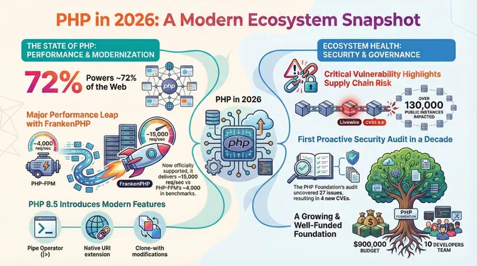 Infographic titled "PHP in 2026: A Modern Ecosystem Snapshot" summarizing the state of PHP in 2026. On the left, it highlights performance and modernization, noting that PHP powers roughly 72% of the web, with major performance improvements driven by FrankenPHP, which delivers about 15,000 requests per second compared to PHP-FPM's roughly 4,000. It also highlights PHP 8.5 introducing modern features such as the pipe operator, a native URI extension, and clone-with-modifications. On the right, it focuses on ecosystem health, security, and governance, showing critical supply-chain vulnerabilities impacting over 130,000 public instances, the first proactive security audit in a decade uncovering 27 issues and four new CVEs, and a growing, well-funded PHP Foundation with an approximately $900,000 budget and a 10-developer team.