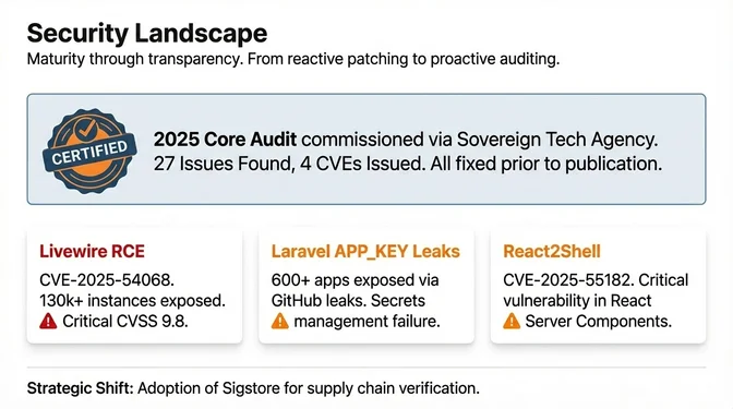 Infographic titled "Security Landscape" describing a shift toward greater security maturity through transparency and proactive auditing. It highlights a 2025 core security audit commissioned via the Sovereign Tech Agency that identified 27 issues, resulted in four CVEs, and was fully remediated before publication. Below, the infographic summarizes three major incidents: a Livewire remote code execution vulnerability (CVE-2025-54068) with a critical CVSS 9.8 rating impacting over 130,000 instances; widespread Laravel APP_KEY leaks affecting more than 600 applications due to secrets management failures; and the React2Shell vulnerability (CVE-2025-55182), a critical flaw in React Server Components. A concluding note emphasizes a strategic shift toward adopting Sigstore for software supply-chain verification.