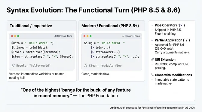 Infographic titled "Syntax Evolution: The Functional Turn (PHP 8.5 & 8.6)" comparing traditional imperative PHP code with a modern functional style introduced in PHP 8.5 and later. On the left, it shows verbose imperative code with intermediate variables and nested function calls. In the center, it shows the new functional style using the pipe operator (|>) to create clean, readable transformation flows. On the right, it lists key language features: the pipe operator shipped in PHP 8.5 for fluent chaining, partial application (?) approved for PHP 8.6 enabling native currying, an RFC 3986-compliant URI extension, and clone-with-modifications for immutable state patterns.