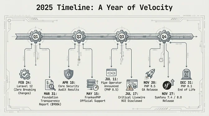 Timeline graphic titled "2025 Timeline: A Year of Velocity" showing major milestones in the PHP ecosystem throughout 2025. In Q1, it highlights Laravel 12 releasing on February 24 with zero breaking changes, the PHP Foundation publishing a transparency report on March 31 showing roughly $900K in funding, and a core security audit completed on April 10. In Q2, FrankenPHP gains official support on May 15. In Q3, the PHP team announces PHP 8.5's pipe operator on July 11, followed by disclosure of a critical Livewire remote code execution vulnerability on July 17. In Q4, PHP 8.5 reaches general availability on November 20, Symfony 7.4 and 8.0 release on November 27, and PHP 8.1 reaches end of life on December 31.