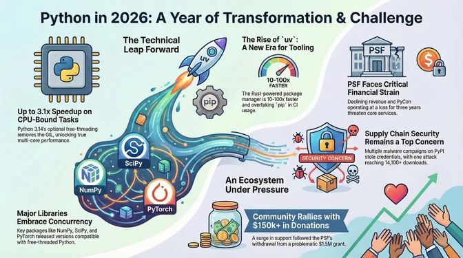 Infographic titled "Python in 2026: A Year of Transformation & Challenge" showing major changes and stresses in the Python ecosystem. It highlights up to a 3.1× speedup in CPU-bound tasks from Python 3.14's optional free-threading and reduced reliance on the GIL, with major libraries such as NumPy, SciPy, and PyTorch adopting concurrency. It also shows the rise of the Rust-based package manager "uv," delivering 10–100× faster tooling than pip in CI. On the challenges side, the graphic notes financial strain on the Python Software Foundation, ongoing PyPI supply-chain security attacks affecting thousands of downloads, and a community response that raised over $150K in donations.