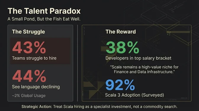 Slide titled "The Talent Paradox" with subtitle "A Small Pond, But the Fish Eat Well." Two columns on a dark background. Left column "The Struggle" shows: "43%" in large red text with "Teams struggle to hire" below, "44%" in red with "See language declining" below, and "~2% Global Usage" at bottom. Right column "The Reward" shows: "38%" in large green text with "Developers in top salary bracket" below, a quote "Scala remains a high-value niche for Finance and Data Infrastructure.", and "92%" in large blue text with "Scala 3 Adoption (Surveyed)" below. At the bottom: "Strategic Action: Treat Scala hiring as a specialist investment, not a commodity search."