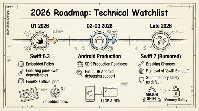 Infographic titled "2026 Roadmap: Technical Watchlist" outlining anticipated milestones in the Swift ecosystem throughout 2026. In Q1 2026, Swift 6.3 focuses on embedded polish, finalizing pure-Swift dependencies, an official FreeBSD port, and deeper support for embedded systems. In Q2–Q3 2026, attention shifts to Android production readiness, including a production-quality Swift SDK for Android and full LLDB debugging support integrated with the Android NDK. In late 2026, the infographic shows a rumored Swift 7 release as a major shift, potentially introducing breaking changes, removing "Swift 5 mode," and making strict memory safety the default, signaling a significant evolution in the language's safety and compatibility model.