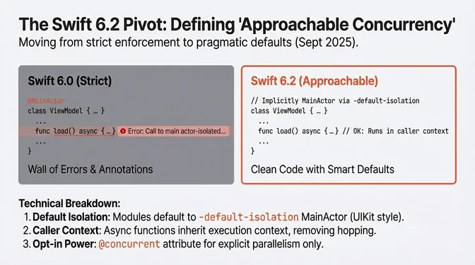 Infographic titled "The Swift 6.2 Pivot: Defining 'Approachable Concurrency'" comparing Swift 6.0's strict concurrency model with Swift 6.2's more pragmatic defaults. On the left, the infographic shows Swift 6.0 generating a "wall of errors" that require explicit annotations such as @MainActor, with compile-time errors for calls to actor-isolated code. On the right, Swift 6.2 shows cleaner code using smart defaults, where modules implicitly default to MainActor isolation via -default-isolation, async functions inherit the caller's execution context, and code runs without excessive annotations. A technical breakdown explains three changes: default isolation at the module level, caller-context execution for async functions to reduce hopping, and the new @concurrent attribute as an explicit opt-in for parallelism.