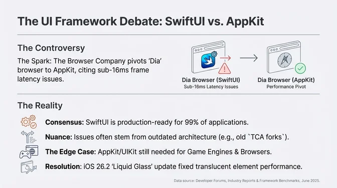 Infographic titled "The UI Framework Debate: SwiftUI vs. AppKit" explaining a 2025 controversy and its resolution. The top section describes how The Browser Company pivoted its Dia browser from SwiftUI to AppKit, citing sub-16 ms frame latency issues, illustrated by a transition from a SwiftUI-based browser to an AppKit-based one for performance reasons. The bottom section presents the broader reality: a consensus that SwiftUI is production-ready for about 99% of applications, with many reported issues stemming from outdated architectures such as old TCA forks. It notes that AppKit or UIKit is still required for edge cases like game engines and browsers, and that the iOS 26.2 "Liquid Glass" update addressed performance issues with translucent elements.