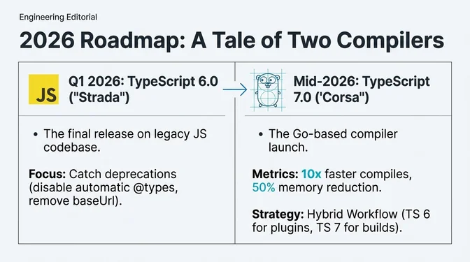 Infographic titled "2026 Roadmap: A Tale of Two Compilers" outlining TypeScript's transition from its legacy JavaScript-based compiler to a new Go-based implementation. The left panel shows Q1 2026 with TypeScript 6.0 ("Strada"), described as the final release on the legacy JavaScript compiler, focused on surfacing and addressing deprecations such as disabling automatic @types resolution and removing baseUrl. An arrow points to the right panel, showing mid-2026 with TypeScript 7.0 ("Corsa"), which launches the Go-based compiler. This new compiler delivers approximately 10× faster compilation and around 50% lower memory usage. A recommended strategy highlights a hybrid workflow, using TypeScript 6 for plugins while adopting TypeScript 7 for builds to balance stability and performance during the transition.