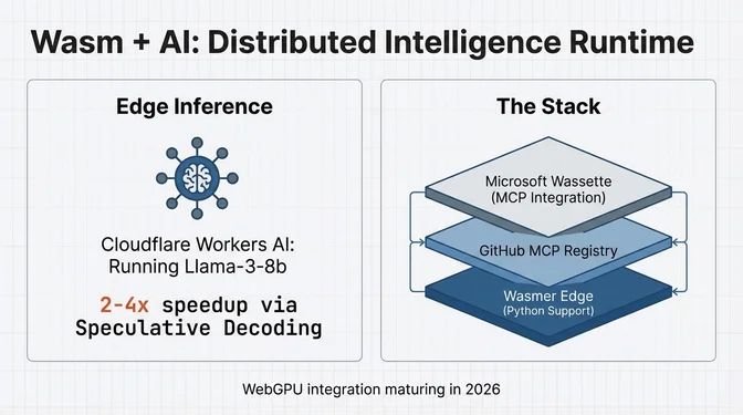 Wasm plus AI creating a distributed intelligence runtime: Cloudflare Workers AI running Llama-3-8b with 2-4x speedup via Speculative Decoding, and the emerging stack of Wassette, GitHub MCP Registry, and Wasmer Edge enabling AI agents in WebAssembly sandboxes