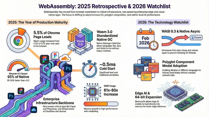 WebAssembly 2025 Retrospective and 2026 Watchlist infographic showing 5.5% Chrome page loads, Wasm 3.0 with GC and Memory64, approximately 0.5ms cold start times, 95% native speed benchmarks, SIMD usage increase of 61x to 80x, and key 2026 watchlist items including WASI 0.3, Component Model, and WASI 1.0