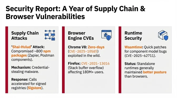 Security report covering a year of supply chain and browser vulnerabilities: Shai-Hulud attack compromising approximately 800 npm packages including Zapier and PostHog, Chrome V8 zero-days exploited in the wild, Firefox CVE-2025-13016 affecting 180 million users, and Wasmtime maintaining quick security patches