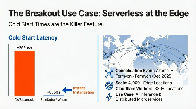 The breakout use case for serverless at the edge: comparison showing AWS Lambda cold starts at 200ms or more versus SpinKube and Wasm achieving approximately 0.5ms cold starts, with Akamai acquiring Fermyon to deploy across 4000 plus global edge locations