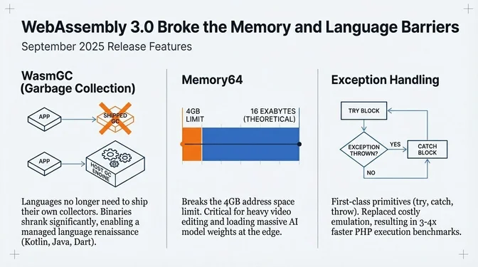 WebAssembly 3.0 broke the memory and language barriers: WasmGC enabling managed languages like Java, Kotlin, and Dart without bundling garbage collectors; Memory64 extending addressable space from 4GB to 16 exabytes; and Exception Handling achieving 3-4x faster PHP execution with first-class try-catch-throw primitives